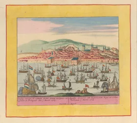 Ankomst av den holländsk-engelska flottan med kung Charles III till Lissabon, 1704 Landning av hans Mt. Carel III kungen av Spanien till Lissabon i Portugal den 7 Maert 1704 (...) (titel på objektet) Krigets teater, början av kung Karel den