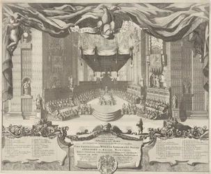 Utsikt i Sint-Pietersbasiliek En teater som representerar brotten som äger rum i Peterstemplet i staden Rom (titel på objektet)
