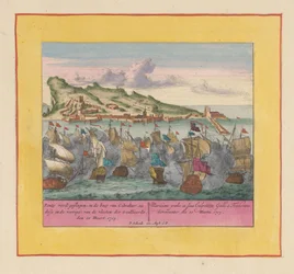 Sjöslaget vid Gibraltar, 1705 Ponty blir slagen, i Gibraltars baey (se dese i fronten) av de allierades flottor, den 20 Meert, 1705 (titel på objektet) Krigets teater, början av kung Karl II. Vi ses på kung Karel den