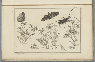 Tre blomgrenar med fåglar, fjärilar och en insekt Kinesiska blommor och insekter (serietitel)