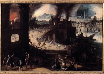 Förstörelsen av Troja Målning av Pieter Schoubroeck (1570-1607) 1600-talets Besancon. Museum of Fine Arts
