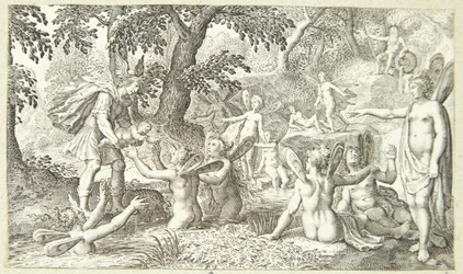 Merkurius anförtror Bacchus till nymferna på berget Nysa