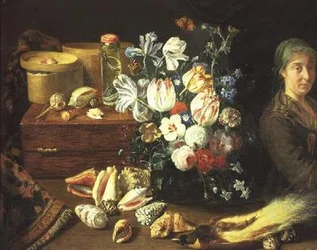 Stilleben, blommor, snäckor, ormar, fågel och en stående kvinna