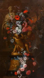 Kaskadblommor med skulpturer av ett kvinnligt helgon och gyllene putti på en bas med en julkrubba i en trädgård i skymningen, ca 1690-1750 (olja på duk)