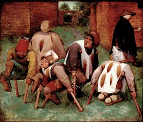 Grupp av personer med funktionsnedsättningar, benamputerade. Målning av Pieter Bruegel den äldre (1525-1569), 1568. 18,5 x 21,5 cm, Paris, Musée du Louvre