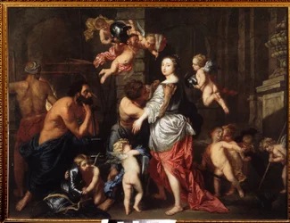Venus (Aphrodites) besök hos Vulcan (Hephaistos) (Venus besök hos Vulcan). Målning av Pieter Thies (1624-1677 eller 1679). Olja på duk