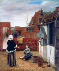 En kvinna och en piga på en innergård, c1660-1661