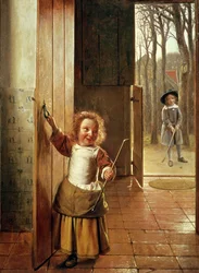 Barn i en dörröppning med "golfpinnar", c.1658-60