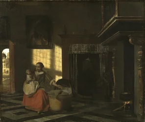 Interiör med en mor nära en vagga - Interiör med en mor nära en vagga, av Hooch, Pieter, de (1629-1684). Olja på duk, ca 1665. Storlek: 54x65 cm. Nationalmuseum Stockholm