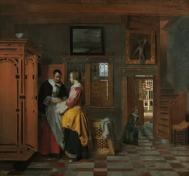 Interiör med kvinnor bredvid ett linneskåp, 1663