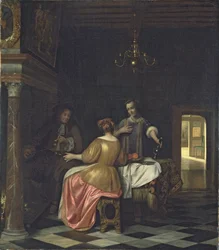 Interiör med en gentleman och två damer som samtalar, ca 1668-70 (olja på duk)
