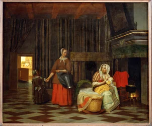Interiör med mor som matar sitt barn och en tjänsteflicka (olja på duk)