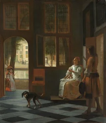 Man räcker ett brev till en kvinna i entréhallen till ett hus, 1670