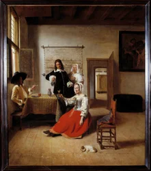 Drickaren En alkoholiserad kvinna i ett flamländskt hus omgiven av andra drinkare. Målning av Pieter de Hooch (1629-1684) 1658 Sön. 0,69x0,6 m - Kvinna som dricker med soldater. Interiör av ett flamländskt hus. Målning av Pieter de Hooch (1629-1684)