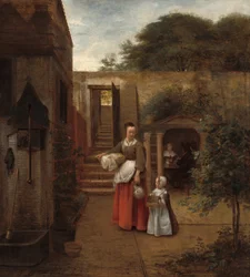 Kvinna och barn på en innergård
