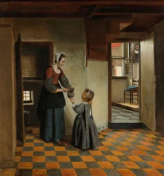 Kvinna med ett barn i ett skafferi, ca 1656-60 (olja på duk)