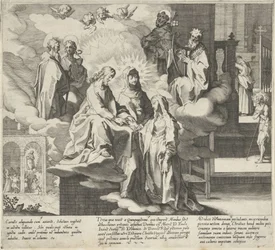 Catherine dyker upp / Catherines bröllop / Catherine delar sin mantel Scener från Saint Catherine of Sienas liv och mirakel (serietitel) Vita mors gesta, et miracula quaedam selecta B. CATHERINAE SENENSIS (...) (serietitel)