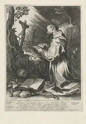Saint Francis knäböjer framför krucifixet