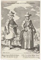 Paar, klädd enligt de engelska mode, ca. 1610 Ungdomens engelska och engelska vanor (titel på objekt) Kostuums uit verschiedelden landen (serietitel) Ornaments of Various Nations (serietitel)