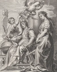 Allegory of Good Government, sittande i mitten och krönt av en putto och en wo..., ca. 1640-74.