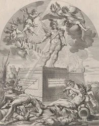 Plåt 1: Ferdinand som Mars, stående på en piedestal, från William Becanus 