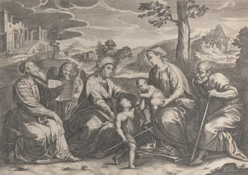 Den heliga familjen till höger, med spädbarnet Johannes döparen, Elizabeth, Zacharias,..., 1631-37.