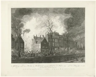 Brand i Pottery Alley i Rotterdam, 1779 Bild, van den Brand, inträffade i Rotterdam, den 11:e. Mars 1779. van den Maas Silk på display (titel på objekt)