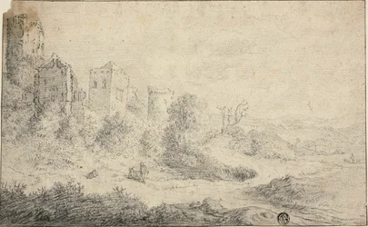 Landskap med förstörda slott och tre figurer