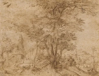 En by med en grupp träd och en mula, ca 1552-54