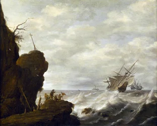 Ett holländskt fartyg på ett stormigt hav utanför en klippig kust, ca 1640 (olja på trä)