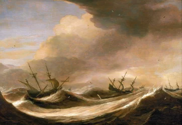 Fartyg på öppet hav flyr stormen, minskade segel, skakade av de starka vågorna. Olja på trä, omkring 1640, av Pieter Mulier (1615-1670).