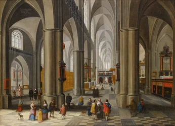 Interiör av en katedral med figurer