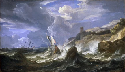 Skeppsbrott i storm nära klippig kust. Olja på duk, mitten av 1600-talet av Pieter Mulier II den yngre (eller Pietro Mulieribus eller Pietro Cavaliere Tempesta) (1637-1701).