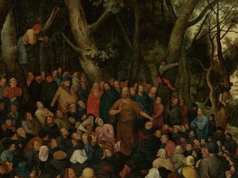 Detalj av Johannes som predikar för folkmassan (olja på panel)