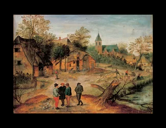 Ett bylandskap med bönder som samtalar i förgrunden, 1634