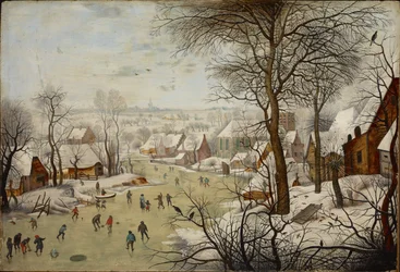 Vinterlandskap med en fågelfälla - Vinterlandskap med en fågelfälla, av Brueghel, Pieter, den yngre (1564-1638). olja på trä