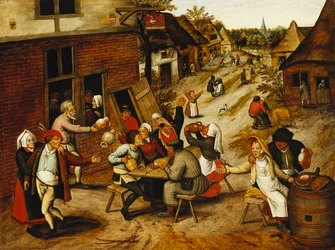 Bönder glada utanför Swan Inn på en bygata, 1630