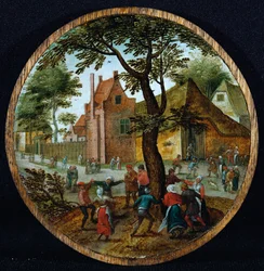 Bönder som dansar runt ett träd på en bygata, 1625