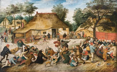 Bondbröllopet - Målning av Pieter Brueghel, den yngre (1564-1638) - Olja på trä - 43x68 - Hallwylska Museet, Stockholm