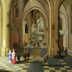 Interiören av en gotisk katedral med två kvinnor i samtal