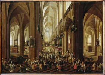 Interiör i Notre Dame i Antwerpen, ärkehertig Leopold Wilhelm tas emot av domkapitlet (målning på ek)