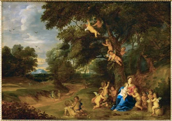Heliga Maria med Jesusbarnet, Johannes Döparen och änglar (målning på ek)
