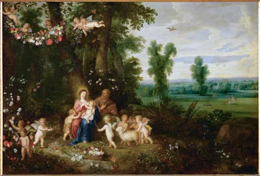 Den heliga familjen med Johannes Döparen och änglar (målning på koppar)
