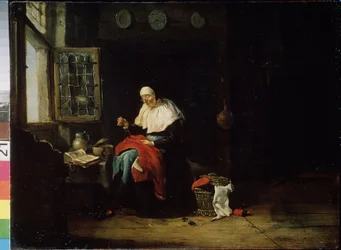 Handarbetet. En gammal kvinna framför ett fönster kostar en röd duk. Hon har glasögon på sig. Målning av Pieter Van Noort (1602- efter 1662)