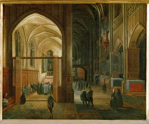Kvällsmässa i en gotisk kyrka (målning på koppar)