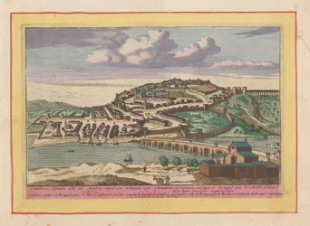 Utsikt över den portugisiska staden Coimbra Coimbra, eller Coimbra, en stad i Portugal, på Monda (titel på objekt) Theatrum Hispaniae (...) (serietitel)
