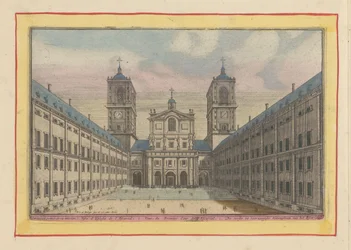 Utsikt över innergården och ingången till kyrkan San Lorenzo i Escorial Escurials första och huvudgård (titel på objekt) Theatrum Hispaniae (...) (serietitel)