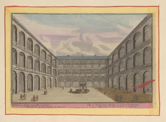 Utsikt över gården till ett av klostren i Escorial Ett av de sju klostren i den rapporterade Escurial (titel på objekt) Theatrum Hispaniae (...) (serietitel)