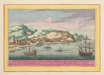 Utsikt över staden Málaga vid Medelhavet Mallaga, en gammal och befäst stad Granade, vid Medelhavet (titel på objektet) Theatrum Hispaniae (...) (serietitel)