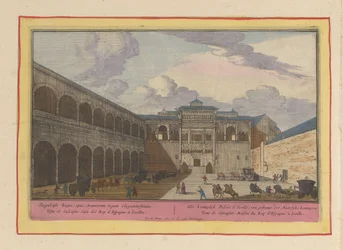 Vy över en innergård i Real Alcázar i Sevilla. Kungliga palatset i Sevilla, en byggnad av de moriska kungarna (titel på föremålet). Theatrum Hispaniae (...) (serietitel)